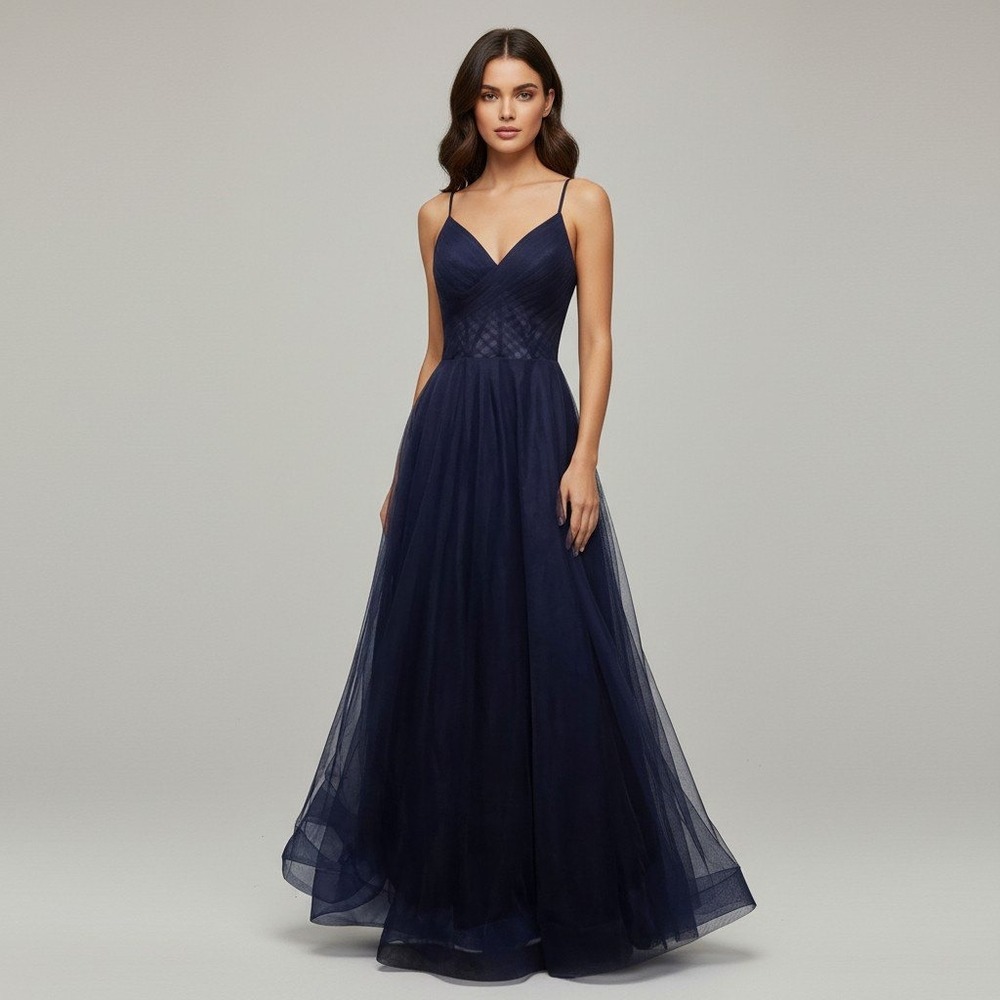 La Femme Navy Blue Tulle A-Line Gown V-Neck Sheer Corset Back Formal Dress 4
